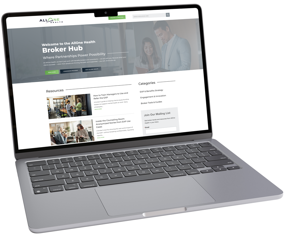 Laptop computer with AllOne Health Broker Hub on screen