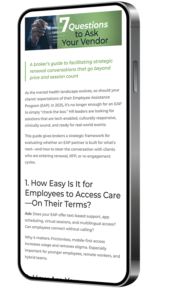 Mobile phone with resource from AllOne Health Broker Hub on screen
