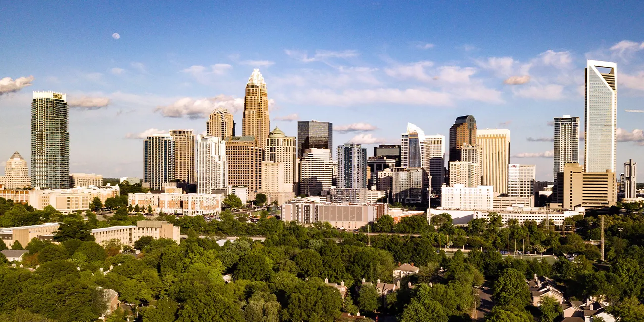 A view from the air of the Charlotte, NC skyline