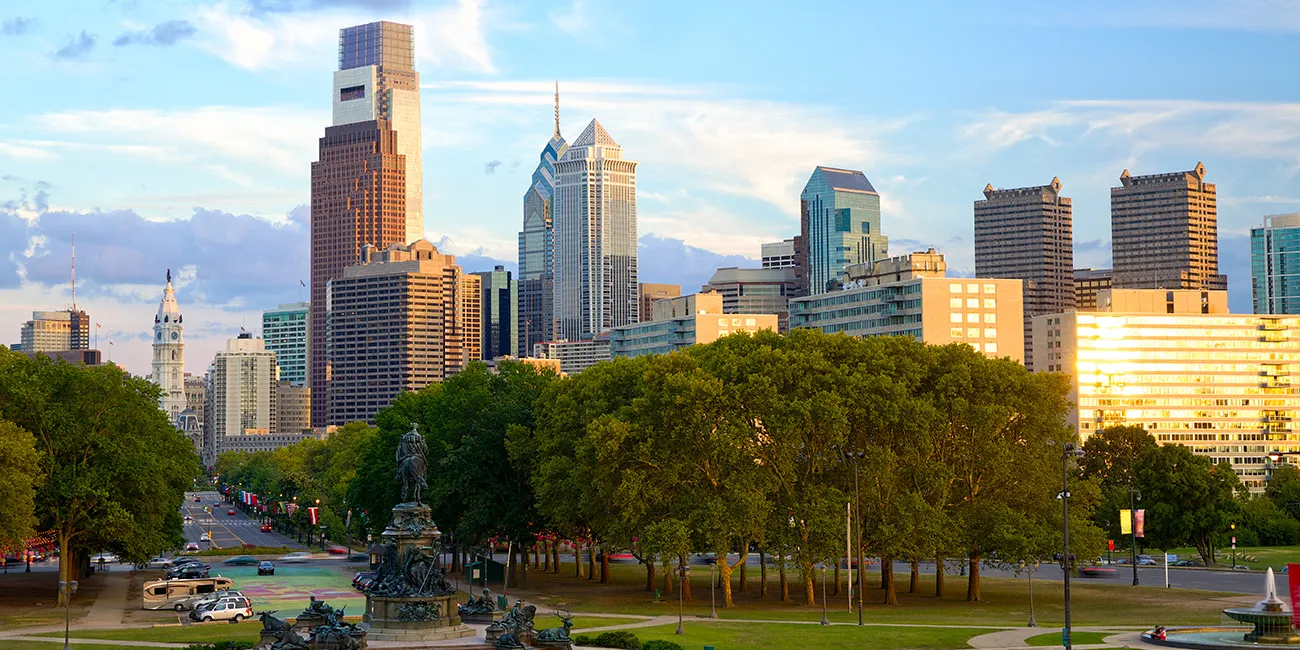 A sunrise over the downtown Philadelphia area